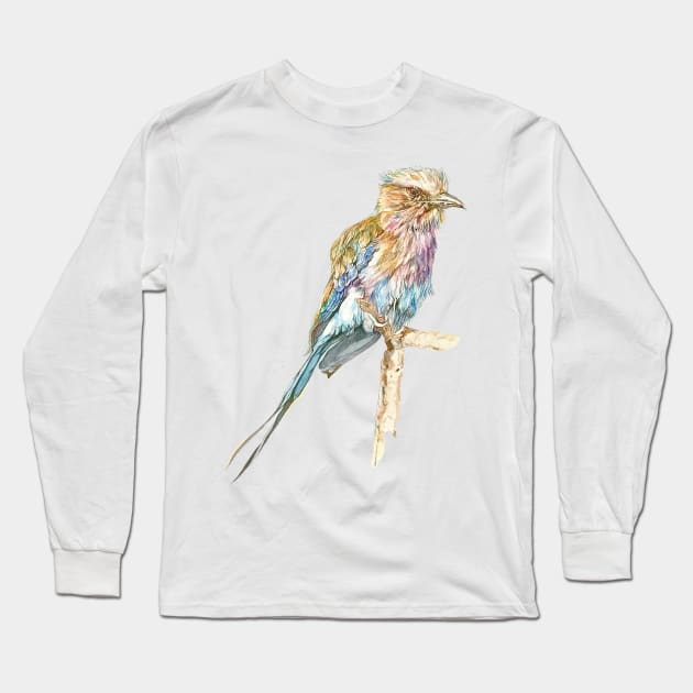 Lilac Crested Roller, Exotic African Bird Long Sleeve T-Shirt by Brunner Art